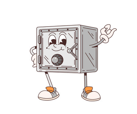 Cartoon retro groovy strongbox safe vault character with smiling face, arms and legs. Isolated vector steel and sturdy box hippie personage guards secrets and money inside with a jovial demeanorのイラスト素材