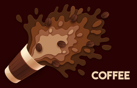 Paper cut coffee cup with splash and coffee beans for drink beverage ad poster, vector background. Coffee and milk splash in paper cut layers for espresso, cappuccino or frappe takeaway drink promoのイラスト素材