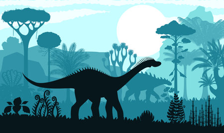 Prehistoric dinosaur silhouette in evening forest or Jurassic park, vector background. Cartoon dinosaur lizard Barapasaurus or Dicraeosaurus with Stegosaurus in jungle with sunset and trees silhouetteのイラスト素材