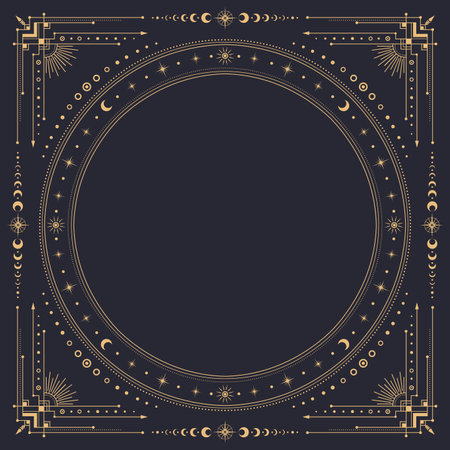 Square celestial frame with borders of mystic gold moon and stars, vector tarot cards, astrology and witchcraft. Golden line boho ornament frame with fantasy constellations, sun and eclipse bordersのイラスト素材
