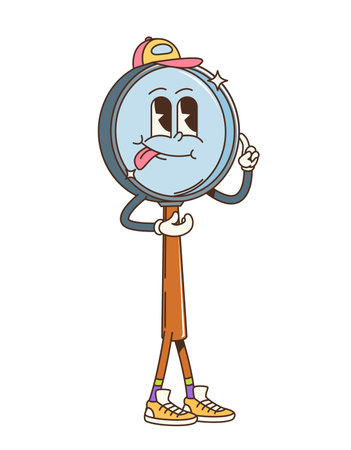 Retro groovy school magnifying glass character. Isolated cartoon vector whimsical, educational, fun learning magnifier loupe personage with thoughtful face expression, wear baseball cap and sneakersのイラスト素材