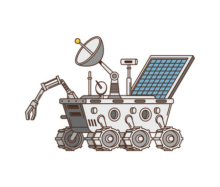 Groovy retro cartoon moon rover in space or galaxy planet, vector 70s art sticker. Groovy lunar rover of space exploration and galactic adventure with antenna for galaxy space in funky retro cartoonのイラスト素材