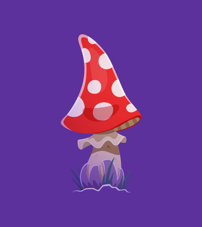 Cartoon Halloween fly agaric mushroom with bright red cap and white spots. Isolated vector toxic poisonous fungus plant for witch potions, iconic symbol of spooky folklore, eerie forests and shamanismのイラスト素材