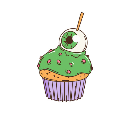 Cartoon retro groovy Halloween scary cupcake with monster eye, vector 70s or 80s symbol. Halloween trick or treat party spooky sweets or monster cake in retro groovy art for horror night holidayのイラスト素材