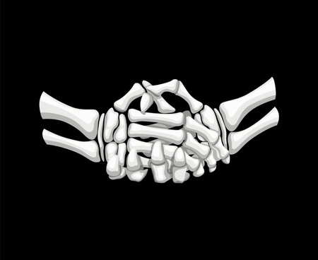 Skeleton handshake gesture. Isolated vector skeletal arms emerge from the darkness, offering a chilling shake. Bony fingers extend in ghostly greeting, evoking an eerie blend of horror and camaraderieのイラスト素材