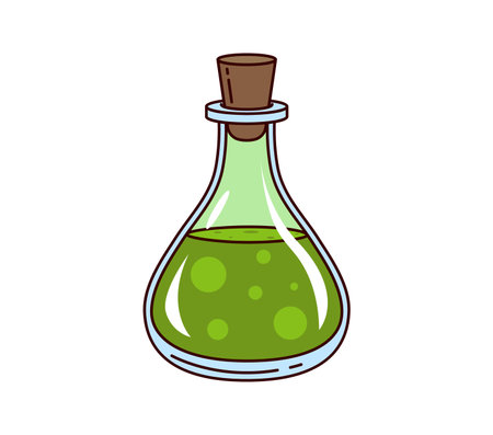Cartoon retro groovy Halloween potion bottle. Isolated vector mystical glass flask, magic spell, alchemy or witchcraft vial with green bubbling liquid. Vintage wizard, witch or magician mystical brewのイラスト素材