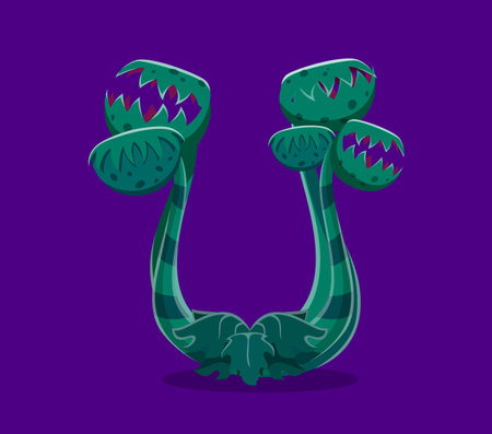 Halloween font, letter U monster plant with teeth, vector cartoon horror alphabet type. Halloween font or kids spooky monster plant in shape of letter U, creepy carnivorous flower in typeface typeのイラスト素材