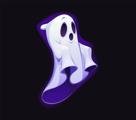 Cartoon Halloween ghost character, scary spooky personage, horror evil monster. Isolated vector spook, white specter floating with sad facial expression. Creepy scary bogey yell with raised handsのイラスト素材