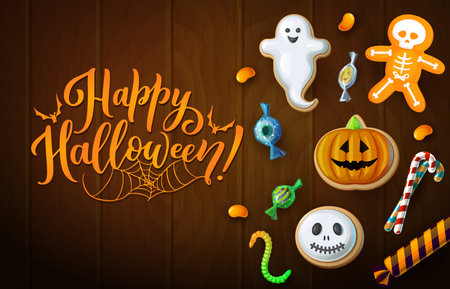 Halloween sweets on wooden background. Cartoon holiday cookies and candies scatter on brown wood board. Vector banner or greeting card with bewitching display of delectable treats, ghoulish delightsのイラスト素材
