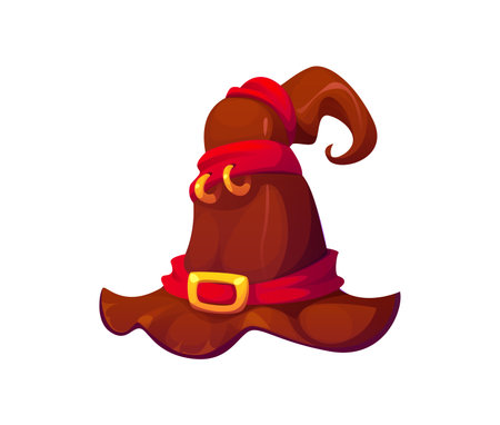 Halloween holiday witch hat with a crooked shape, adorned with red ribbons, golden rings and buckle. Isolated cartoon vector whimsical and magical cap, for party celebration or magician garmentのイラスト素材