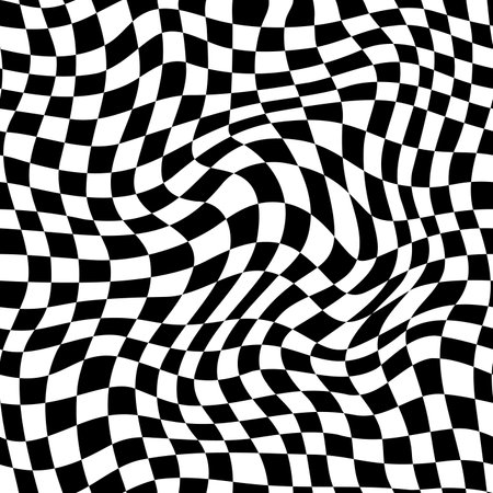 Trippy checkerboard, wavy optical illusion checker seamless pattern background. Vector monochrome mesmerizing swirl. Undulating, abstract distorted psychedelic texture that play tricks on perceptionのイラスト素材