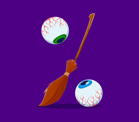 Halloween font, witch broom and zombie monster eyes for spooky alphabet type, cartoon vector. Halloween horror font and division sign or mathematical symbol with witch broomstick for scary typefaceのイラスト素材