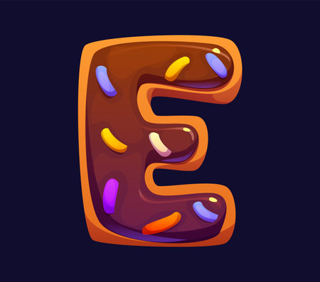 Letter E cartoon candy and confectionery alphabet font, sweets typeface, chocolate cookie type. Vector typography symbol character with sprinkles on brown glaze with smooth, glossy textureのイラスト素材