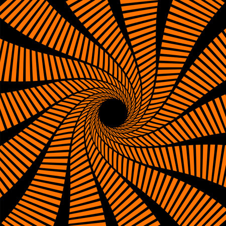 Psychedelic Halloween spiral pattern featuring black and orange lines that twist and turn towards the center. Vector optical illusion background with swirled vortex creates a tunnel-like visual effectのイラスト素材