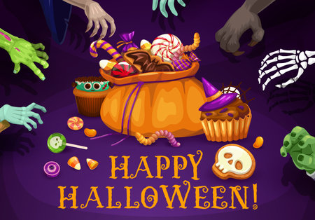 Halloween sweets bucket with candies and monster hands. Vector menacing banner with clawed arms, eagerly reach towards a bag with desserts, grasping a tempting sweets for a spooky and delightful treatのイラスト素材