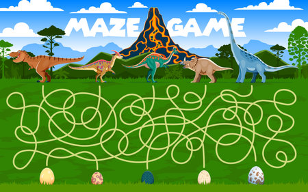 Kids labyrinth maze game, help to dinosaur mother find her kid egg. Vector worksheet with ancient dino mom reptiles search their children at tangled path with erupting volcano and Jurassic landscapeのイラスト素材