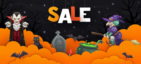 Halloween paper cut sale banner with horror night holiday characters, vector background. Halloween discount or sale promotion banner with witch on broom, Dracula vampire in orange paper cut cloudsのイラスト素材