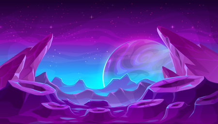 Fantastic alien space purple planet surface, violet mountains and craters landscape. Cartoon vector fantastical otherworldly captivating background with distant planet visible in the lilac starry skyのイラスト素材
