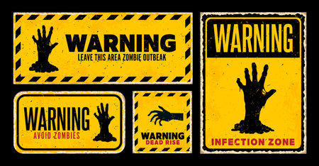 Zombie warning caution signs, Halloween holiday grunge banners of danger zone, vector set. zombie outbreak and monster apocalypse warning signs with undead hand reaching from grave for horror nightのイラスト素材