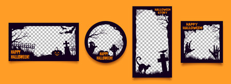 Halloween black frame social media templates with trick or treat holiday monsters vector silhouettes. Horror pumpkin, ghost, bats and zombie hands, cemetery, cat, raven and spider web border linesのイラスト素材