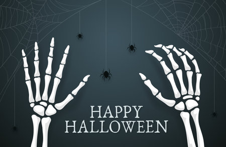 Halloween skeleton hands with spiders and cobweb vector banner of horror holiday trick or treat party. Scary bone arms of Halloween monster, white silhouette of human skeleton hands on dark backgroundのイラスト素材