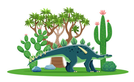 Cartoon prehistoric dinosaur lizard Lexovisaurus for kids paleontology, vector character. Prehistoric dinosaur Lexovisaurus in Jurassic park or jungle forest for kids extinct lizards collectionのイラスト素材