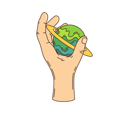 Cartoon groovy space planet in hand, funky galaxy in 70s comic art, vector icon. Groovy Saturn planet in hand for quirky trippy galactic fantasy, disco or rave music and hipster badgeのイラスト素材