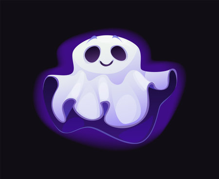 Cartoon Halloween ghost character, scary spooky personage, horror evil monster. Vector vibrant purple and white specter, floating apparition with smiling facial expression. Creepy spook, bogey phantomのイラスト素材