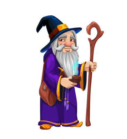Cartoon gnome druid wizard character. Isolated vector whimsical dwarf astrologer personage with a beard, pointed hat, robe, smoking pipe and wooden staff, casting magical spells and fairytale wondersのイラスト素材