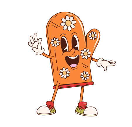Kitchen glove retro groovy kitchenware and utensil character waving hand and smiling widely. Isolated cartoon vector friendly orange oven mitt personage with flower patterns wearing sporty shoesのイラスト素材