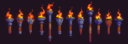 Medieval fire torch, game asset. Cartoon vector ancient burning brands with wooden handles and metal holders at the top, emitting vibrant flames. Isolated gui flaming torchlight or lighting flambeauのイラスト素材