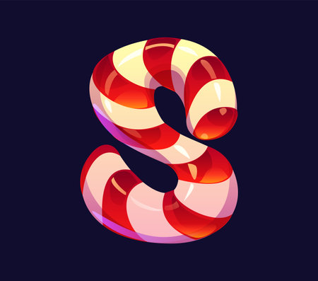 Letter S cartoon candy cane with red and white stripes. Confectiry alphabet, sweets typeface, lollypop font, festive type. Isolated vector Christmas dessert typography symbol with shiny glossのイラスト素材