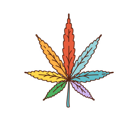 Cartoon cannabis with rainbow leaves in 70s or 80s hippie retro art, vector symbol. Hippie rainbow marijuana cannabis for love and peace, good vibes and positive emotion in 70s, 80s retro cartoonのイラスト素材