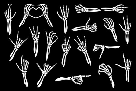 Skeleton hand gesture icons, finger bones with peace sign and love heart, vector Halloween holiday silhouettes. Human skeleton hand gestures of rock, OK or thumb up, pointing finger and victory V signのイラスト素材