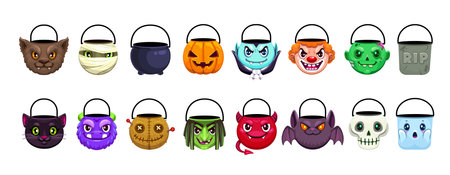 Isolated Halloween holiday sweets buckets characters with funny monster faces. Vector Halloween trick or treat candy bags in shape of pumpkin, ghost, skull, bat and witch, clown, vampire and zombieのイラスト素材