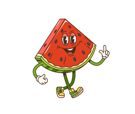 Retro cartoon groovy watermelon fruit slice character with happy face, vector funky comic. Groovy watermelon slice walking with funny smile on summer vacations and relax, kids groovy fruit characterのイラスト素材