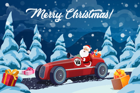 Christmas Santa Claus on race car with gift boxes for winter holiday, cartoon vector background. Merry Christmas greeting card with Santa driving retro red sport car with squirrel on snowy forest roadのイラスト素材