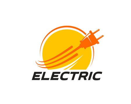 Electric energy icon featuring power plug in motion and yellow circle. Isolated vector emblem for electricity companies, innovation and energy efficiency. Dynamic symbol of modern electrical solutionsのイラスト素材