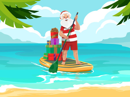 Santa in stripe shirt on SUP paddleboard with Christmas gifts and paddle, vector Xmas holidays, vacation, travel. Cartoon Santa Claus character in retro swimsuit surfing on summer beach with surfboardのイラスト素材