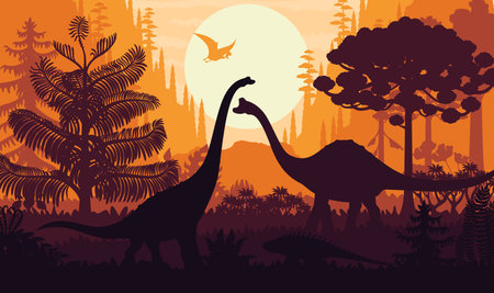 Prehistoric dinosaur silhouettes on sunset vector background with jurassic forest trees, plants and setting sun. Brachiosaurus, pelorosaurus, tapejara and shansisuchus dinosaur animals silhouettesのイラスト素材