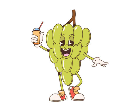 Retro cartoon groovy grape fruit character. Isolated vector bunch of grapes personage holding cup of drink or juice and wearing sneakers. Lively and cheerful fruit enjoying summertime refreshmentのイラスト素材