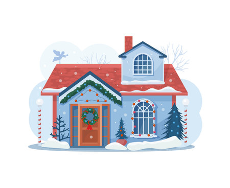 Christmas winter house facade exterior. Snow blankets the charming xmas home, adorned with twinkling lights and festive decorations, evoking warmth and holiday cheer against the serene wintry backdropのイラスト素材