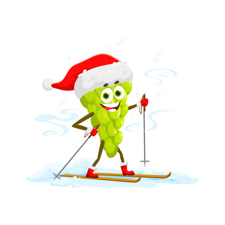 Cartoon Christmas grapes berry character joyfully skiing down snowy slopes. Isolated vector festive grape personage adorned with a Santa hat and gloves, spreading holiday cheer with a fruity twistのイラスト素材