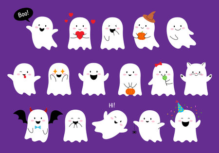 Cartoon Halloween kawaii ghosts characters. Cute Halloween monsters vector personages with pumpkins, witch hat, cat face and hearts, Dracula vampire bat wings, devil horns and trick or treat candyのイラスト素材