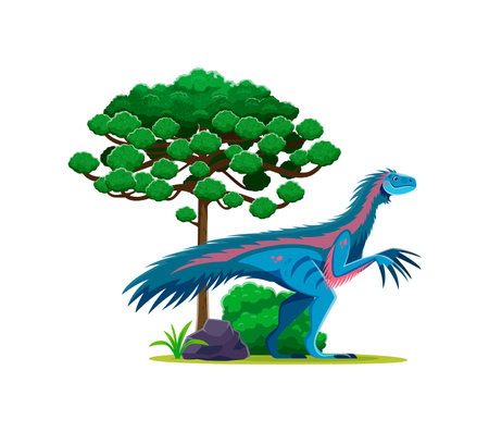 Therizinosaurus prehistoric dinosaur at Late Cretaceous era landscape. Isolated cartoon vector feathered herbivore dino character resembling a huge bird with long legs and neck stands under large treeのイラスト素材
