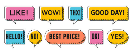 Memphis speech bubbles and chat message clouds with text, vector thin line art. Message bubble...