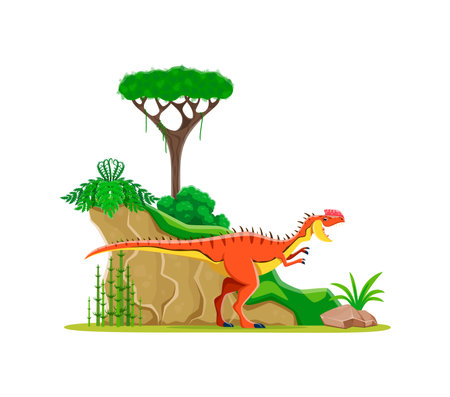 Monolophosaurus cartoon prehistoric dinosaur. Vector colorful dino, roaring carnivorous ancient reptile predator in a lush, vibrant tropical landscape with a tree, green shrubs, rock and fernsのイラスト素材