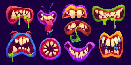 Halloween monster mouth with drool jaws and saliva tongue. Cartoon vector spooky lips and maws in vibrant red, blue, green or purple colors. Playful, fun and eerie alien, zombie or monster mouthsのイラスト素材
