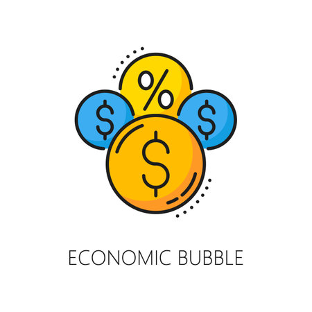 Economic bubble color line icon of financial crisis, stock market prices crash and inflation. Outline vector money balloons with dollar and percent signs, economy, finance and business recessionのイラスト素材