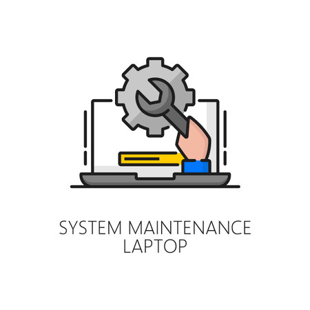 Laptop system maintenance and software update outline icon. PC app maintenance, computer application or software upgrade outline vector pictogram with laptop, cogwheel and human hand holding wrenchのイラスト素材